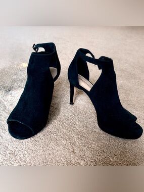 ANTONIO MELANI Black Suede Peep-Toe Cutout Heel Booties